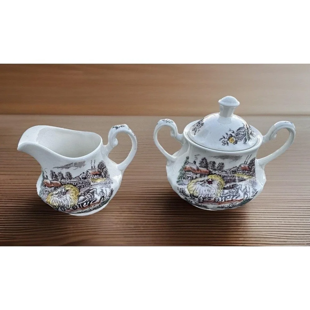 Yorkshire Hand Engraved Ironstone Sugar Bowl / Creamer Staffordshire England VTG